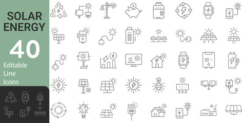 Collection Of Modern Thin Line Style Solar Energy Icons Set Related Sun Power Photovoltaic (PV), Home System, Renewable Electric Energy Technology Signs Vector Illustration On An Isolated Background