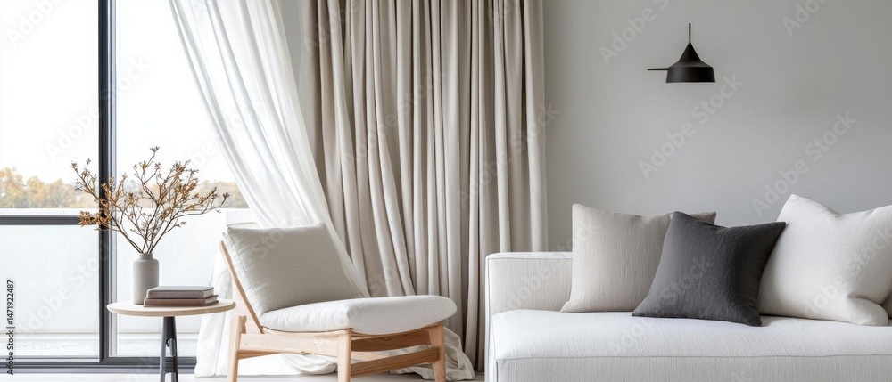Poster modern living room with a large window on the left side. the window has white curtains that are open