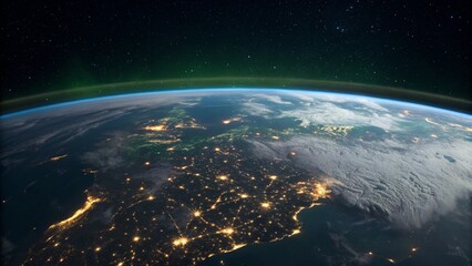 Fototapeta premium The curved horizon of Earth glows with a brilliant green aurora, as the intricate network of city lights below illuminates the continent, offering a mesmerizing perspective on natural wonders