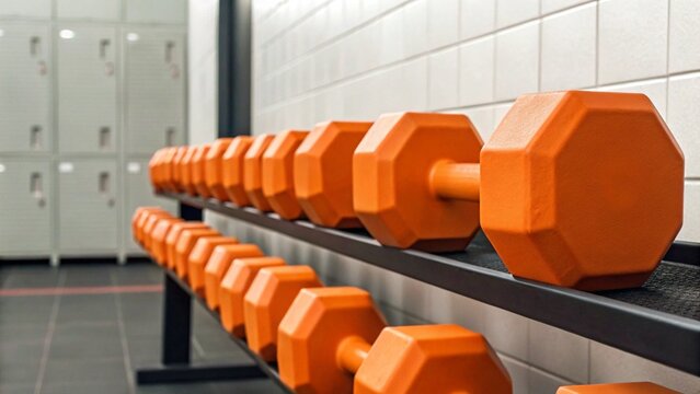 A long, perfectly aligned row of vibrant orange hexagonal dumbbells sits neatly on a rack in a modern gym, symbolizing discipline, strength training, and the pursuit of fitness goals.
