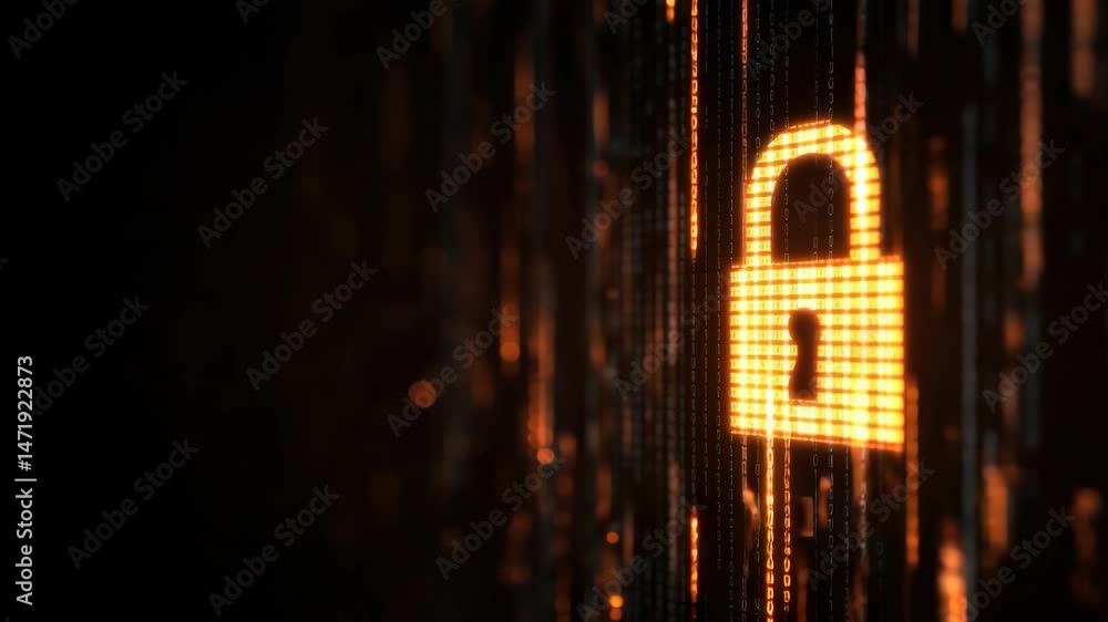 Poster digital security concept with lock icon on binary background illustrating cybersecurity, data protec