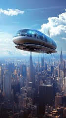 Fototapeta premium Futuristic airship above a cityscape panorama.