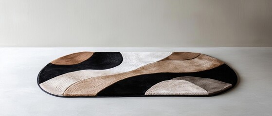 The image is of an oval-shaped rug with an abstract design. the rug is made of a soft, plush material and has a black base with a beige and brown color scheme.