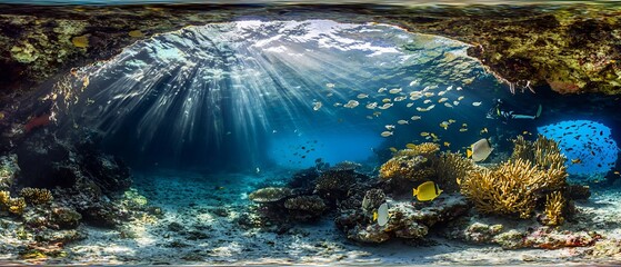 Underwater reef cavern bathed in sunlight, teeming with aquatic wildlife and coral