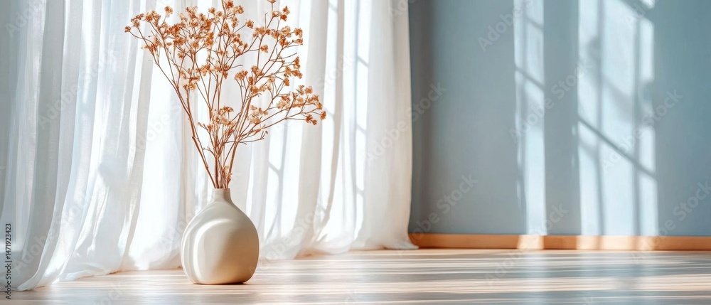 Poster white vase with a bunch of dried flowers in it on a wooden floor in front of a window with white cur