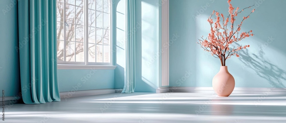 Poster empty room with a large window on the left side. the walls are painted in a light blue color and the