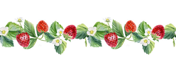 Watercolor Strawberry Seamless Borders – Hand-Painted Floral & Berry Patterns, A vibrant and realistic watercolor strawberry illustration, perfect for packaging, menus, invitations, cards