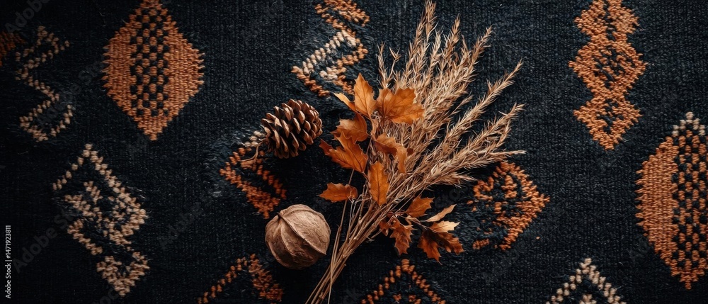 Poster close-up of a black fabric with a geometric pattern. the pattern is made up of small orange and brow