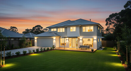Stunning Home at Dusk: Modern Design, Lush Lawn & Warm Lighting - Dream House, Curb Appeal, Residential Architecture