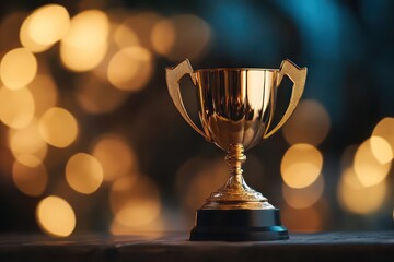 Golden trophy cup on glowing background symbolizing success