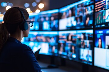 Remote work in a virtual space with high efficiency. Focused professional monitoring multiple screens in a tech environment