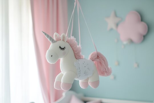Adorable pink unicorn mobile in pastel-themed baby nursery