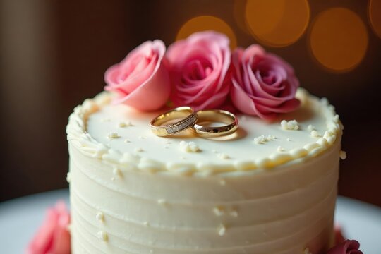 Happy couple's rings on a wedding cake, signifying a blissful union , elegant, occasion