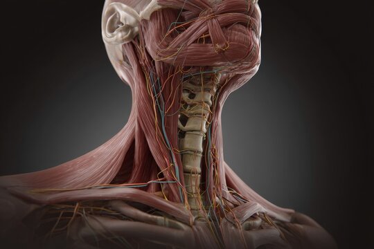 Detailed anatomical illustration showcasing the human neck and head's muscular and skeletal structure.
