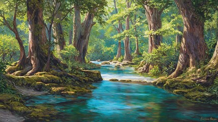 The tranquil river winds through the ancient forest, surrounded by towering trees and lush green leaves. It showcases the harmony between rocks, tree trunks, the natural river, water, and green leaves