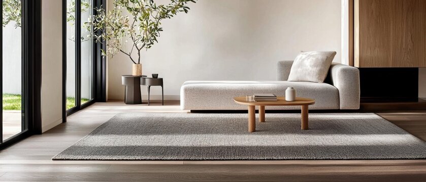 Fototapeta Modern living room with a large window on the left side. the window offers a view of the greenery outside. on the right side of the room, there is a gray sofa with a white throw pillow.