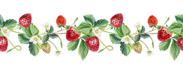 Watercolor Strawberry Seamless Borders – Hand-Painted Floral & Berry Patterns, A vibrant and realistic watercolor strawberry illustration, perfect for packaging, menus, invitations, cards