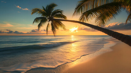 Fototapeta premium Tranquil Sunset Over Serene Beach with Palm Tree Silhouette