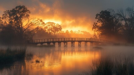 Obraz premium Sunrise over a misty river with a wooden bridge