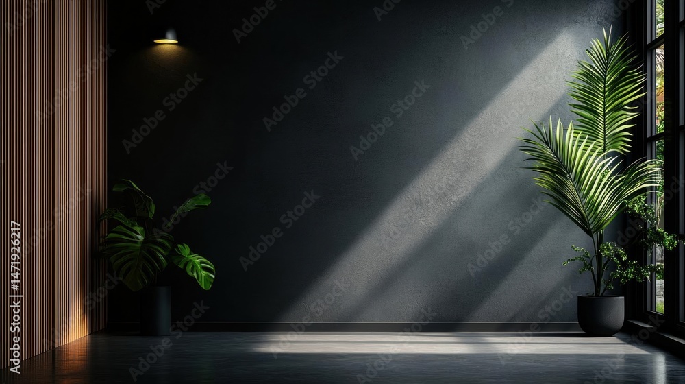 Poster empty room with a large window on the right side. the window has a wooden blind on the left side and