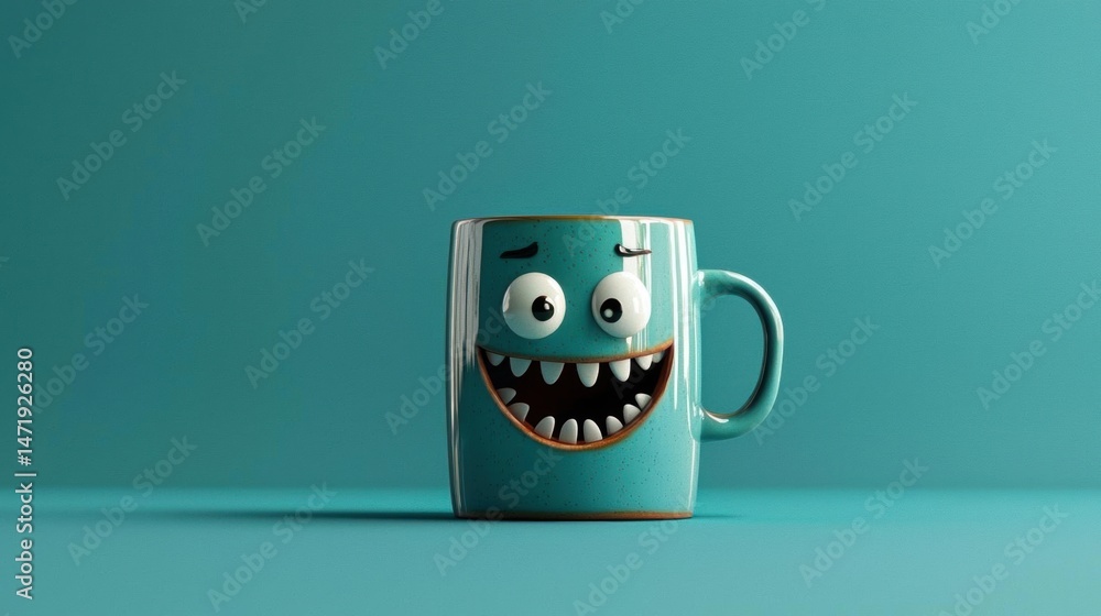 Poster 3d rendering of a blue mug with a cartoon-like face on it. the mug has a handle on the right side an