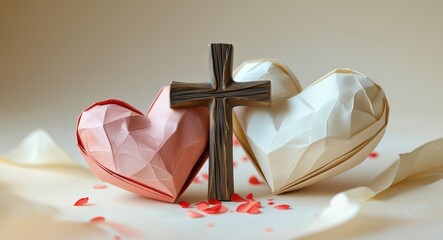 Christian wedding love concept with cross and origami hearts for marriage celebration