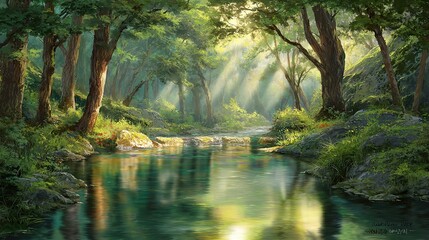 Fototapeta premium The tranquil river winds through the ancient forest, surrounded by towering trees and lush green leaves. It showcases the harmony between rocks, tree trunks, the natural river, water, and green leaves
