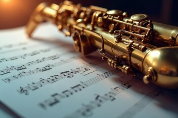 Obraz premium Close-up of a saxophone, jazz notes on sheet music , club, closeup, saxophone