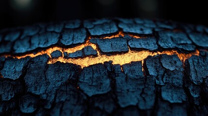 Close-up view of aged tree bark revealing a glowing crack, showcasing nature's beauty and resilience in dark tones.