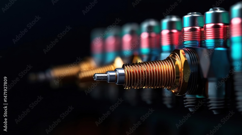 Poster close-up of a spark plug in the center. the spark plug is made up of multiple colors - red, blue, gr