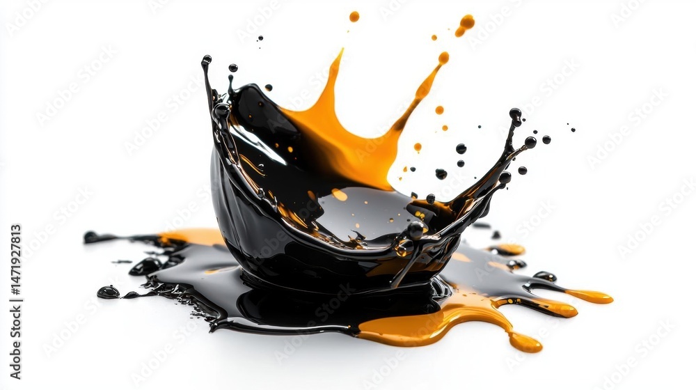 Poster 3d rendering of a splash of black and orange liquid. the liquid appears to be in the shape of a bowl