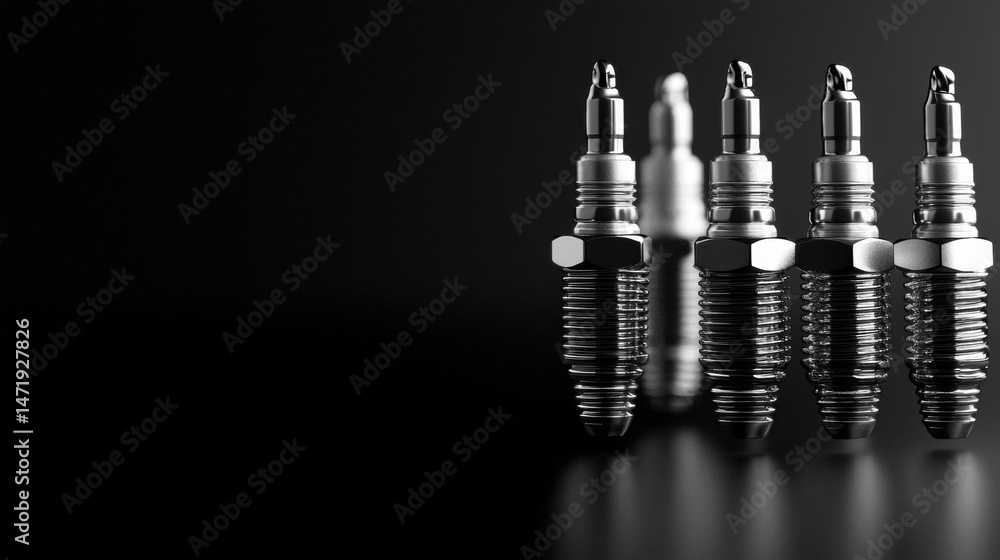 Poster group of six spark plugs arranged in a row on a black background. the spark plugs are made of metal 