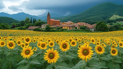 A vibrant sunflower field surrounded by charming rustic houses and rolling green mountains under a dramatic sky