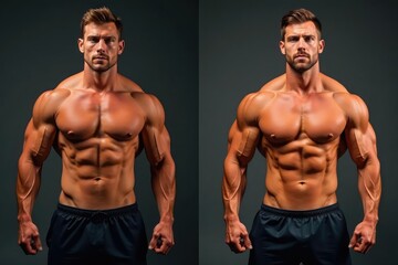 Before and after body transformation showing significant muscle gain and fat loss , healthy eating, physique transformation