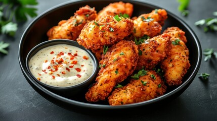 Fototapeta premium Crispy golden fried chicken wings served with creamy dipping sauce garnished with fresh herbs in a black bowl on dark background perfect for appetizer or snack themes