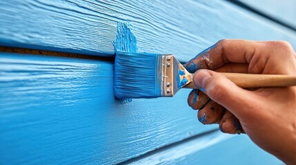 Close-up of a person painting wooden exterior siding with blue paint using a paintbrush for home renovation or outdoor wall decoration