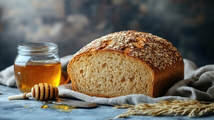 Fresh homemade bread loaf with a golden crust and soft interior displayed next to honey jar and wooden honey dipper on rustic cloth background