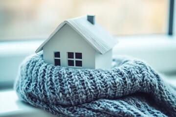 Model house wrapped in scarf on radiator for insulation