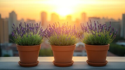 Three potted lavender plants with blooming purple flowers placed on a ill du sunset with a city skyline in the background, warm light, natural outdoor setting