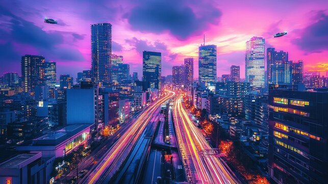 Futuristic city skyline at sunset