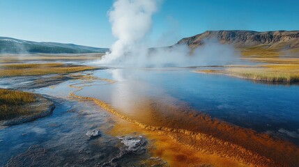 Stunning geothermal landscape showcasing steam eruptions from hot sps in a vibrant colorful volcanic area with bright blue sky and mountainous background