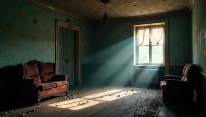 A dimly lit, abandoned mansion interior, dust motes dancing in a single shaft of light Decaying furniture and peeling wallpaper create a chilling atmosphere , forgotten, light, furniture