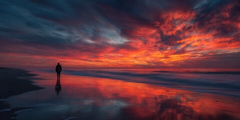 Fototapeta premium A solitary figure on a beach at fiery sunset.