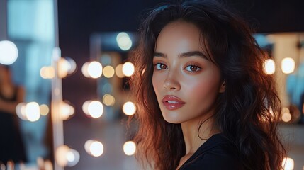 Fototapeta premium Close-up portrait of a young woman with long wavy dark hair and natural makeup, urban night scene with bright city lights, fashionable appearance, indoor setting
