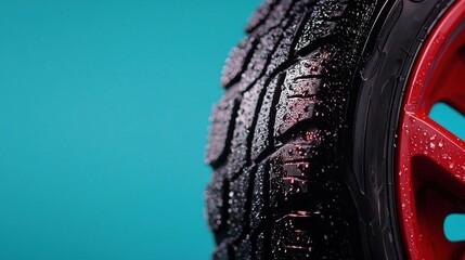 Close-up of a car tire and wheel. the tire is black and has a tread pattern with small droplets of water on it. the rim of the tire is red and appears to be made of metal.