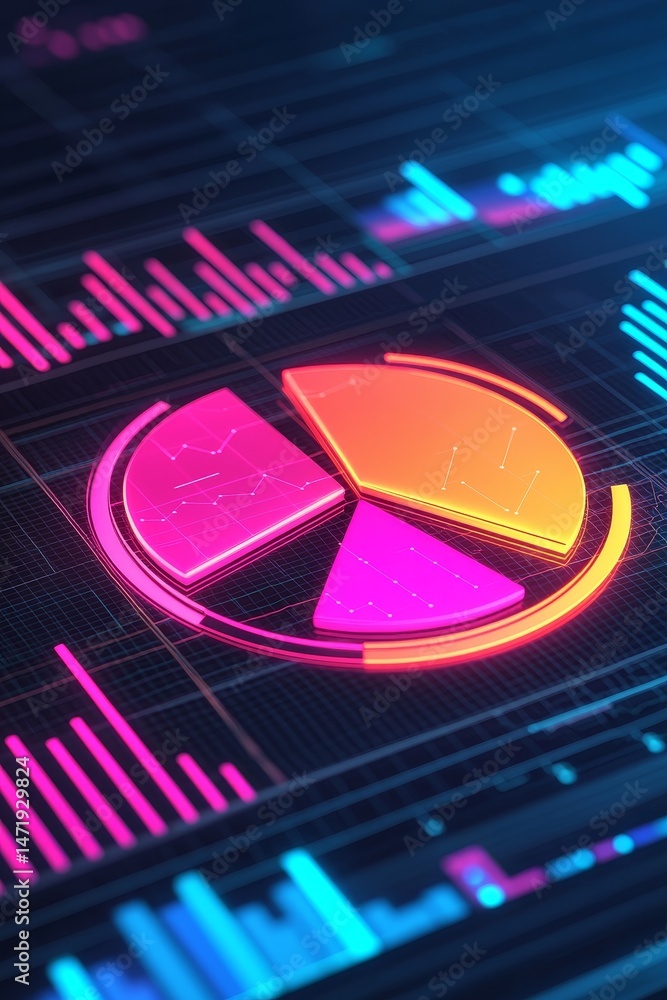 Poster graph diagram projection concept. digital pie chart overlaid on data visualization graphics.