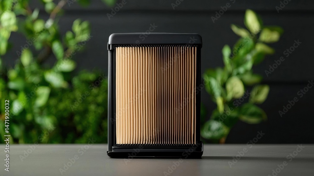 Poster black air filter on a grey surface. the filter is rectangular in shape and has a cylindrical shape w