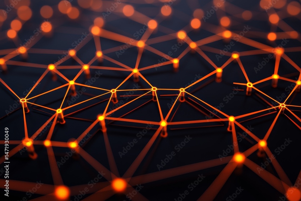 Poster e-commerce logistics powered by data analytics. abstract network design with glowing orange nodes an