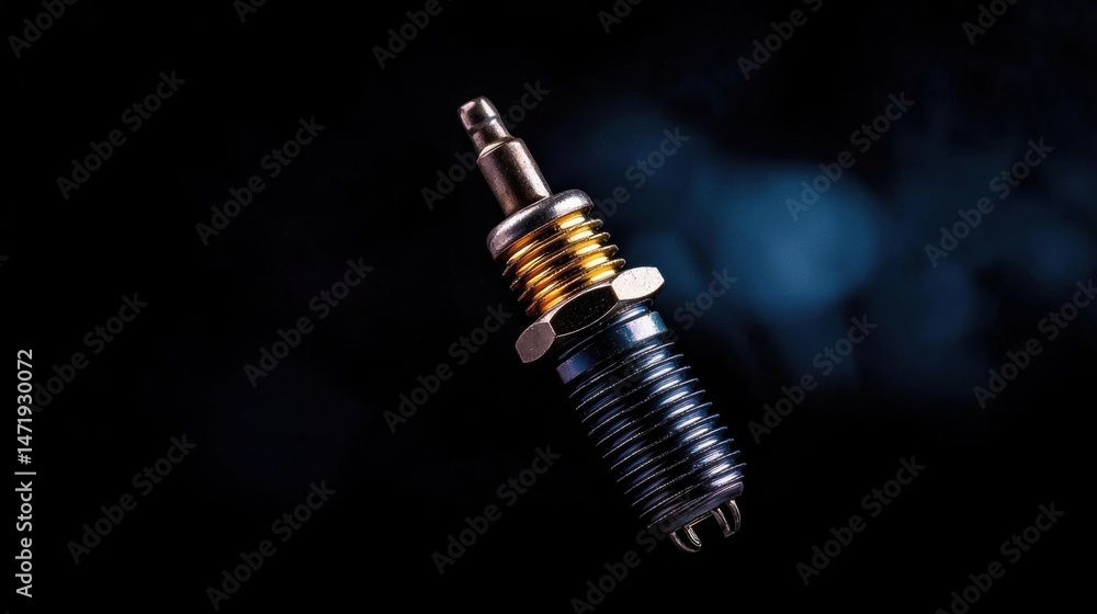 Poster close-up of a spark plug. the spark plug is in the center of the image, with a black background. it 