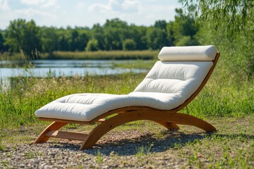 Cushioned wooden sun lounger outdoors for garden or poolside relaxation